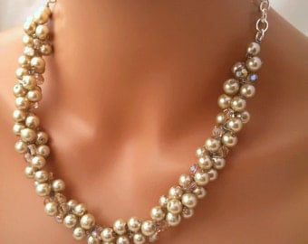 Champagne Pearl Necklace, Swarovski Crystals, Bridal Statement Necklace, Bridesmaid Necklace