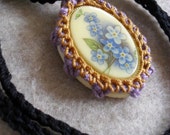Vintage Cabochon Pendant Necklaces, no-metal,  forget me not, or rose flowers Crochet Edging