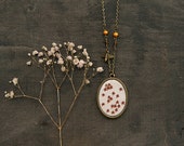 Oval Antique Brass Necklace - Thicker Border - Epoxy Glass - Tiny Orange Tangerine Flowers