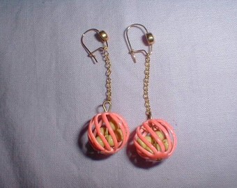 vintage neon orange dangle earrings caged yellow beads drop earrings filigree ball earrings fun bright earrings pierced earrings da-glo