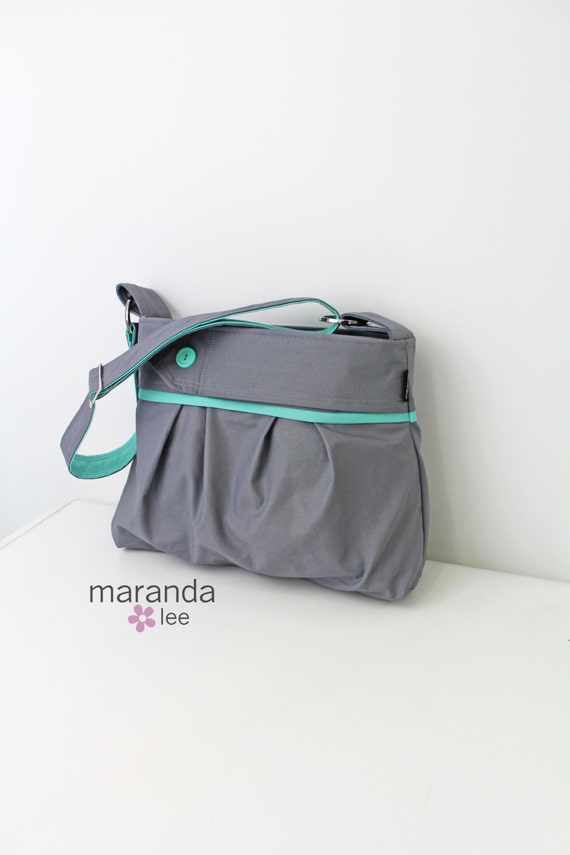 Items similar to Stella Diaper Bag Medium Gray with Mint Button Detail