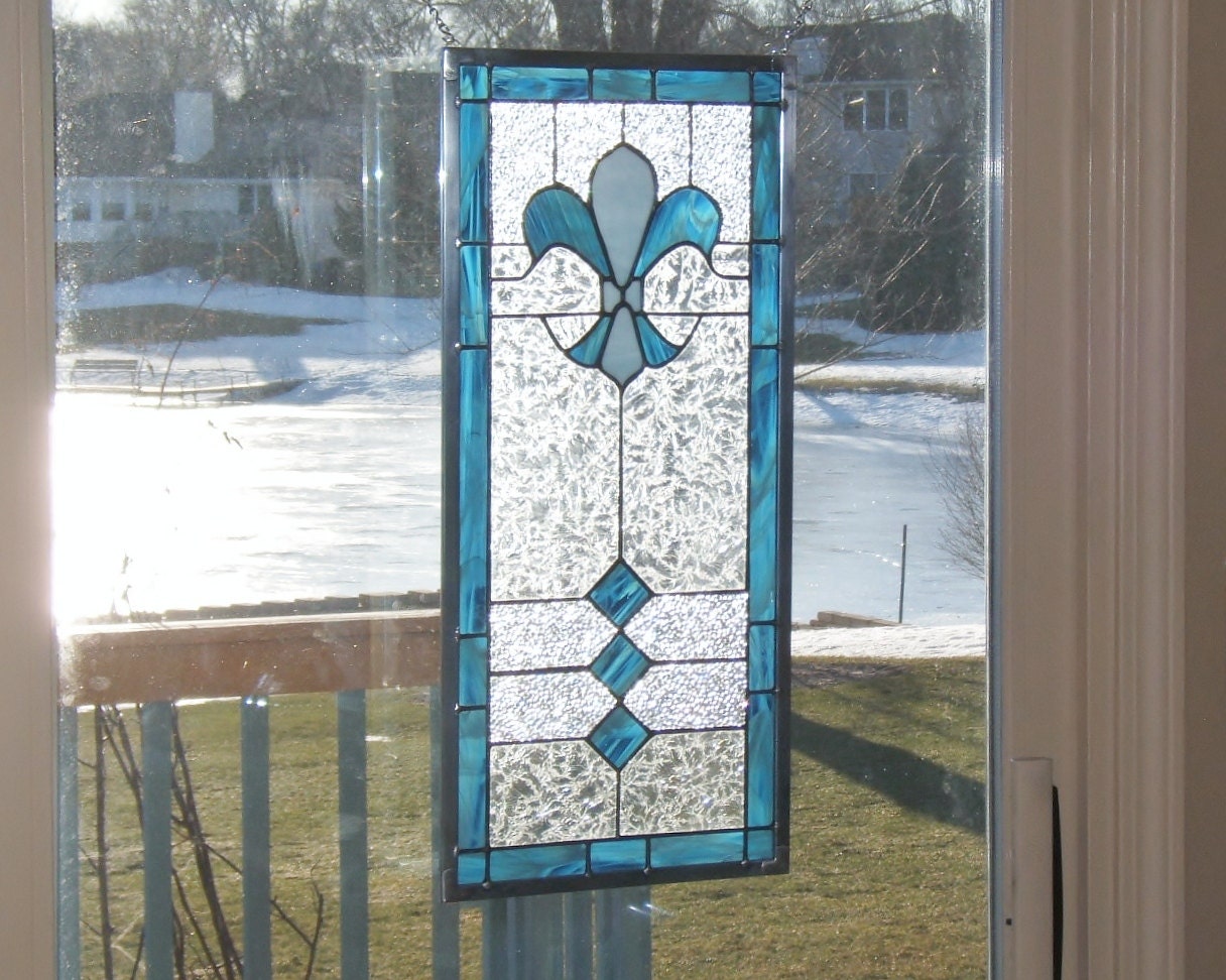 Fleur De Lis stained glass panel window Steel blue stained