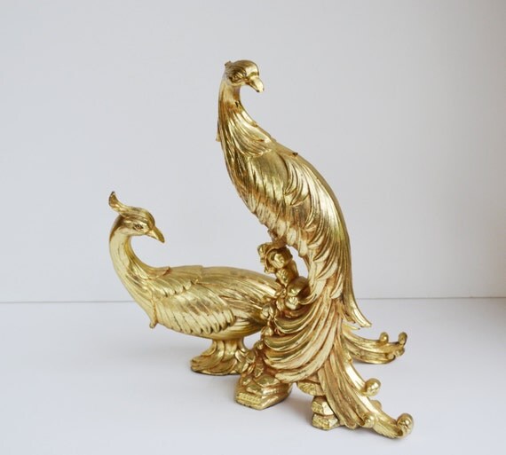 Vintage Hollywood Regency Gold Peacock Statues by JudysJunktion