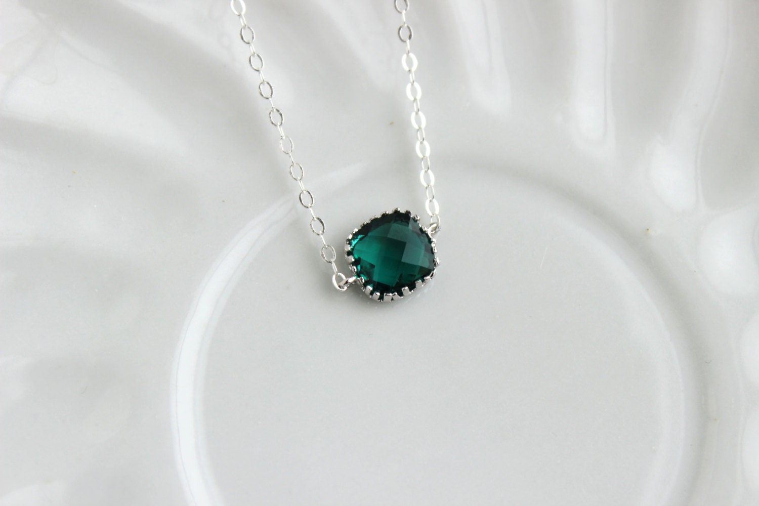 Dainty Emerald Green Necklace Sterling Silver Chain Charm
