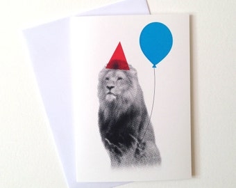 Party Animal Lion card, funny birthday card, boyfriend birthday card, birthday boy card, kids birthday party, lion birthday card, red blue