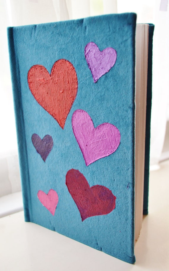 Teal Blue Fabric Art Journal with 6 Hearts love unique by Yezarck