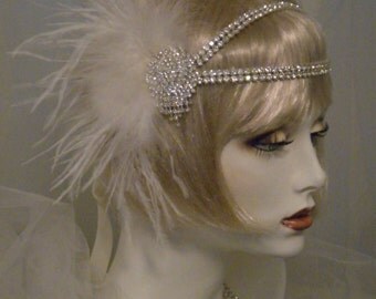 1920’s bridal headpiece, Gatsby headband, feather headband, crystal headpiece, silver headpiece, Art Deco headband, elastic ”The Hilary"