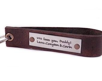 Personalized Leather Key Chain - Leather Key Fob - Engraved Metal and Leather - Father's Day - Gift for Dad - Custom Text Key Chain