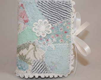 Embroidered Needle Book - White lace flower on patchwork
