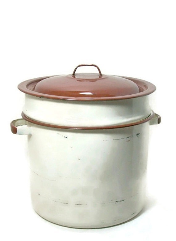 Enamel Steamer Pot Beige Brown Enamelware by VintageVarietee