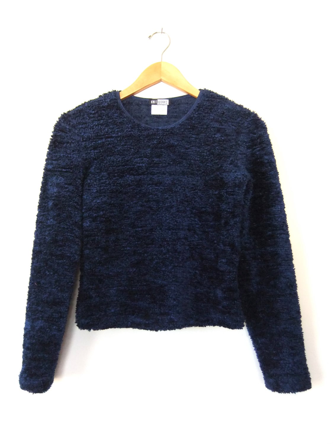 90s FUZZY Crop Top Sweater Navy Blue Shaggy Faux Fur Cropped