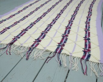 Vintage Crocheted Afghan Purple Lavender Pink Fringe