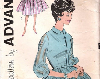 Vintage 1960's Advance 9243 Shirtwaist Dress with Full Skirt Sewing Pattern Size 13 Bust 33"