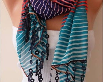 Neon Colors Chiffon Scarf with Lace Trim Edge