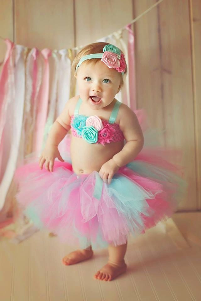 Pink Hot Pink Aqua Shabby Tutu Top & Headband Birthday