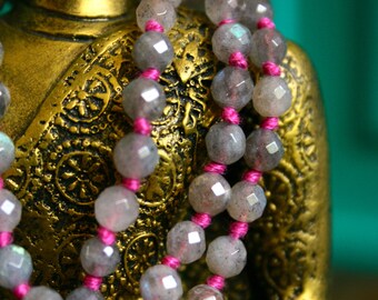 108 Mala Beads Labradorite Faceted Gemstone Knotted Mala Beads Prayer Mantra Meditation Sterling Silver Yoga Jewelry Mala Necklace Healing
