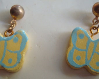 Yellow and Blue Butterfly Ear Rings, Pierced