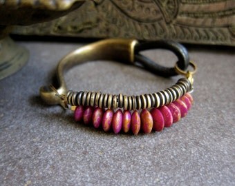 AFrican Jewelry, Tribal Bracelet,THE MORPHO BRACELET,Indian Collection,Radian Orchid,Brass,boho Bracelet,Bone Jewelry,Purple,Leather Jewelry