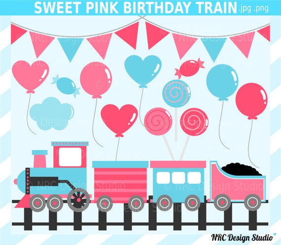 Transportation Clip Art - Sweet Pink Birthday Train Clip Art - Digital Train Clipart - Train, Tracks, Caboose, Banners, Ballons, Lollipops Il_570xn