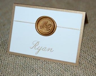 Double backed Place Cards with Wax Seal - Ivory or White on Gold or Silver Fold Over Card with Gold or Silver Wax Seal