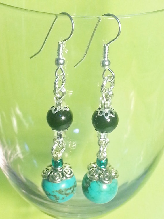 Earrings Green Howlite Black Swarovski Pearls By Cinfuldesigns