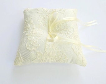 Ivory wedding ring pillow. Ivory satin ring bearer with ivory floral lace.