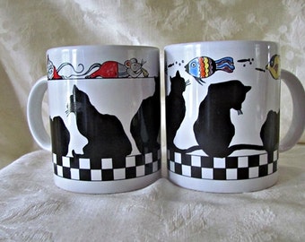Vintage, Pair, of Black and White, Checkered, BIA CORDON BLEU, Ceramic, Cat, Coffee Mugs