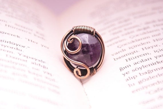 amethyst ring, wire wrapped jewelry handmade, amethyst jewelry,copper jewelry,unıque ring,women's ring