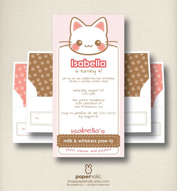 Kitty Cat Kitten Personalized Party Invitation Set - Printable Folding Card by Paperholic Il_570xn