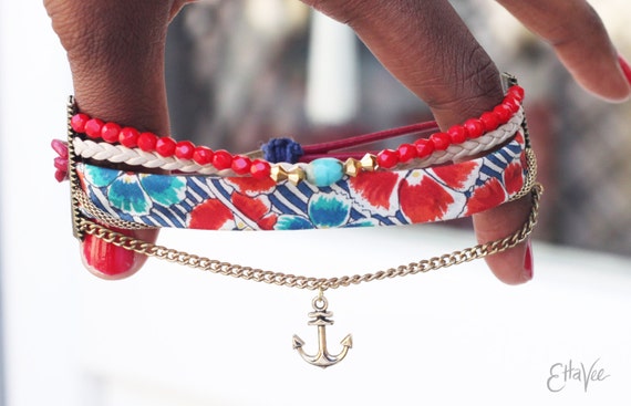 Leather, bead and fabric nautical layer Bracelet with anchor charm