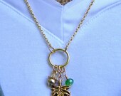 Gold Necklace Maple Leaf, Acorn, Green Crystal Accents Handmade Nature Jewelry