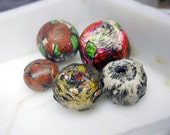 Polymer Clay Beads - 5 Rustic Embellished Beads - Rose Party No. 4 - Hand Illustrated Flowers, Millefiori Cane Roses - Translucent Glow