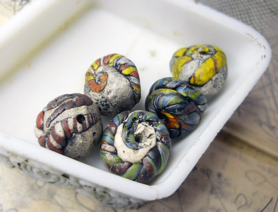 Polymer Clay Beads - 5 Rustic Turban Beads - Striped Cane - Extra Large - Faux Trade Beads - Grungy Vibrant Colors  Unearthed Patina Nuggets