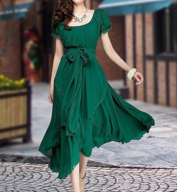 Items similar to Green Bohemian Maxi Dress One-Piece Chiffon Long Dress ...