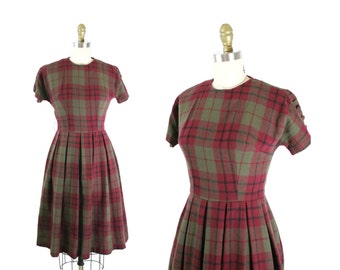 1950s Dress / 50s Dress XS Plaid Wool Day Dress Maroon and Olive Green ...