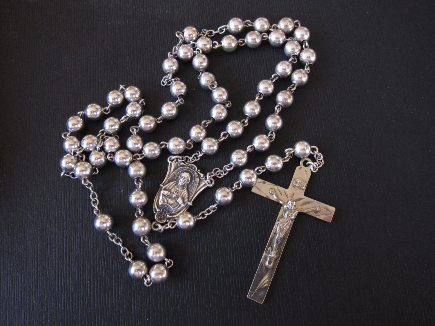 Vintage STERLING Silver Rosary Beads Sacred Heart of Jesus