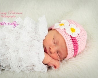 Pink Crochet Baby Hat, Newborn Crochet Girl Hat, with white flowers