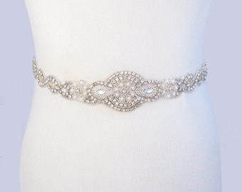 Infinity Wedding Dress Sash, Satin Ribbon Bridal Belt, Silver Crystal Rhinestone Sash Belt, Jeweled Beaded Pearl Sash, 35 Satin Colors