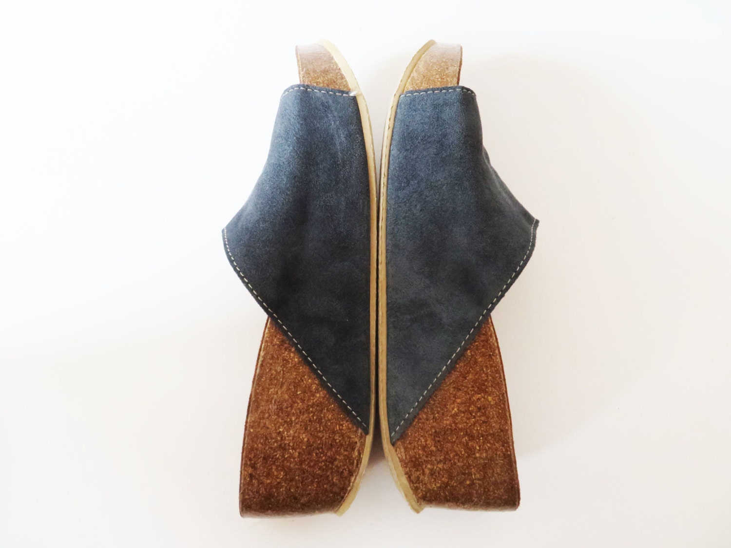 Navy Blue Leather Cork Clogs Women’s Summer One Strap Sandals Cork Sole