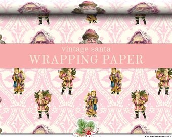 Victorian Santa Pink Christmas Wrapping Paper Roll | Pink Vintage Christmas Custom Gift Wrap In Two Sizes Great For A Pink Christmas Theme