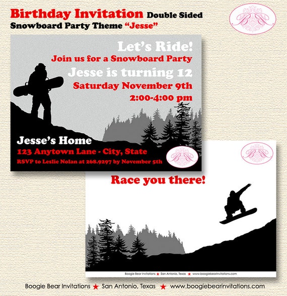 Snowboarding Birthday Party Invitation by BoogieBearInvitation