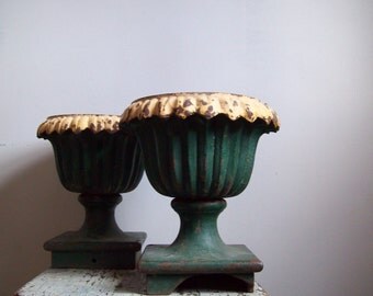 Antique cast iron planters urns fence post toppers late 1800s garden architecture pair antique cast iron fencing