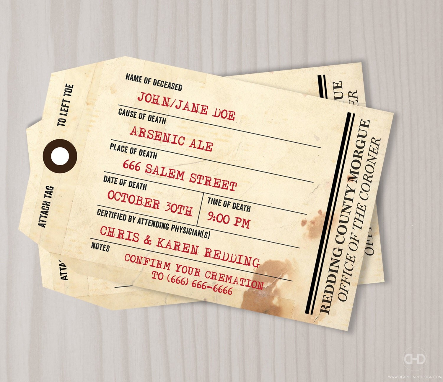 Personalized Morgue Toe Tag Halloween Invitation Printable