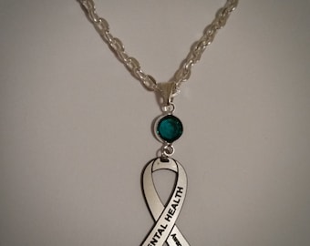 Mental Health Necklace - Awareness Ribbon silver plated link chain