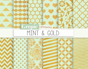 SALE 50% Mint gold digital paper: "MINT & GOLD" gold mint backgrounds w/ chevron, polkadots, honeycomb, stripes, damask, floral, q