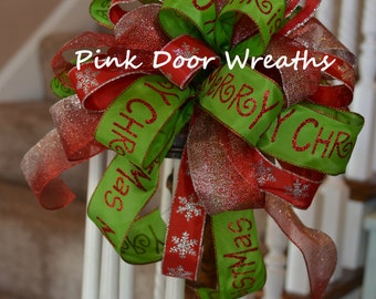 13" CHRISTMAS TREE TOPPER bow decor red lime green silver staircase sparkle chevron Merry Christmas (others available)