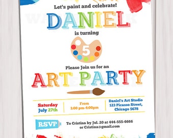 Art Party Invitation Printable, Rainbow Paint Party Birthday Invite DIY, paint arts crafts boy or girl invitation