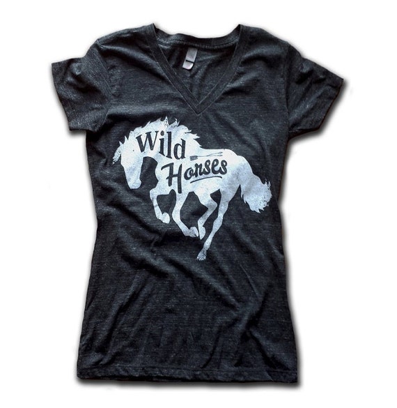 Wild Horses Ladies Vneck tshirt Heather Black Triblend soft tshirt