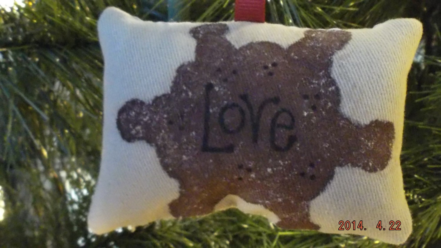 Primitive Snowflake Burgundy Stenciled Pillow Christmas Tree Ornament on Khaki Denim Fabric FREE SHIPPING!