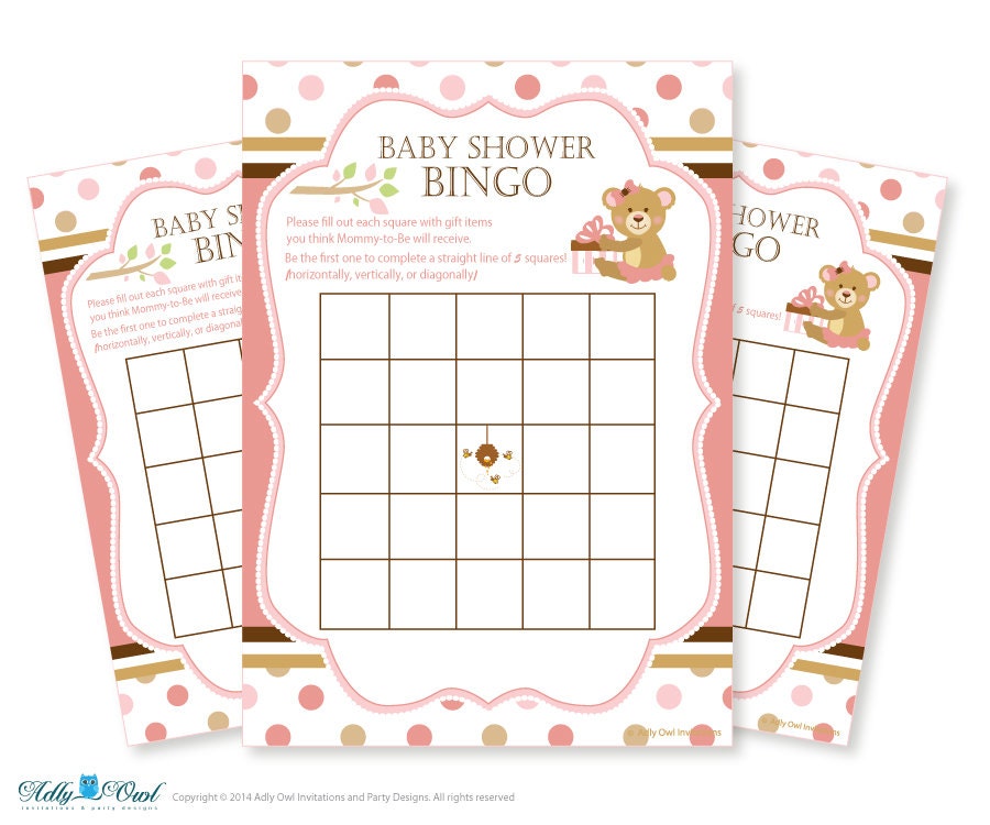 Pink Brown Teddy Bear Bingo Game Printable Card for Baby Girl